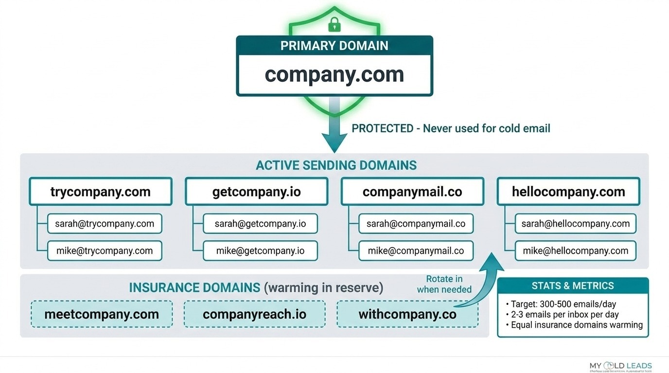 Cold email domain infrastructure - primary domain protected, secondary domains for sending, insurance domains warming in reserve