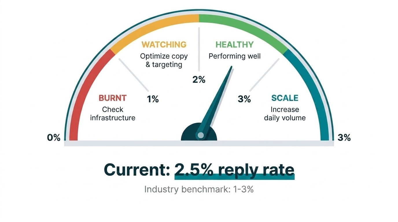 Cold email reply rate gauge showing performance zones from burnt to scale with current benchmark at 2.5%