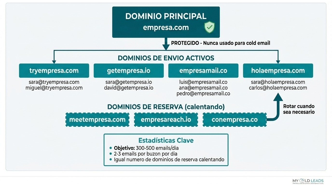 Infraestructura de dominios para cold email - dominio principal protegido, dominios secundarios para envío, dominios de reserva en calentamiento