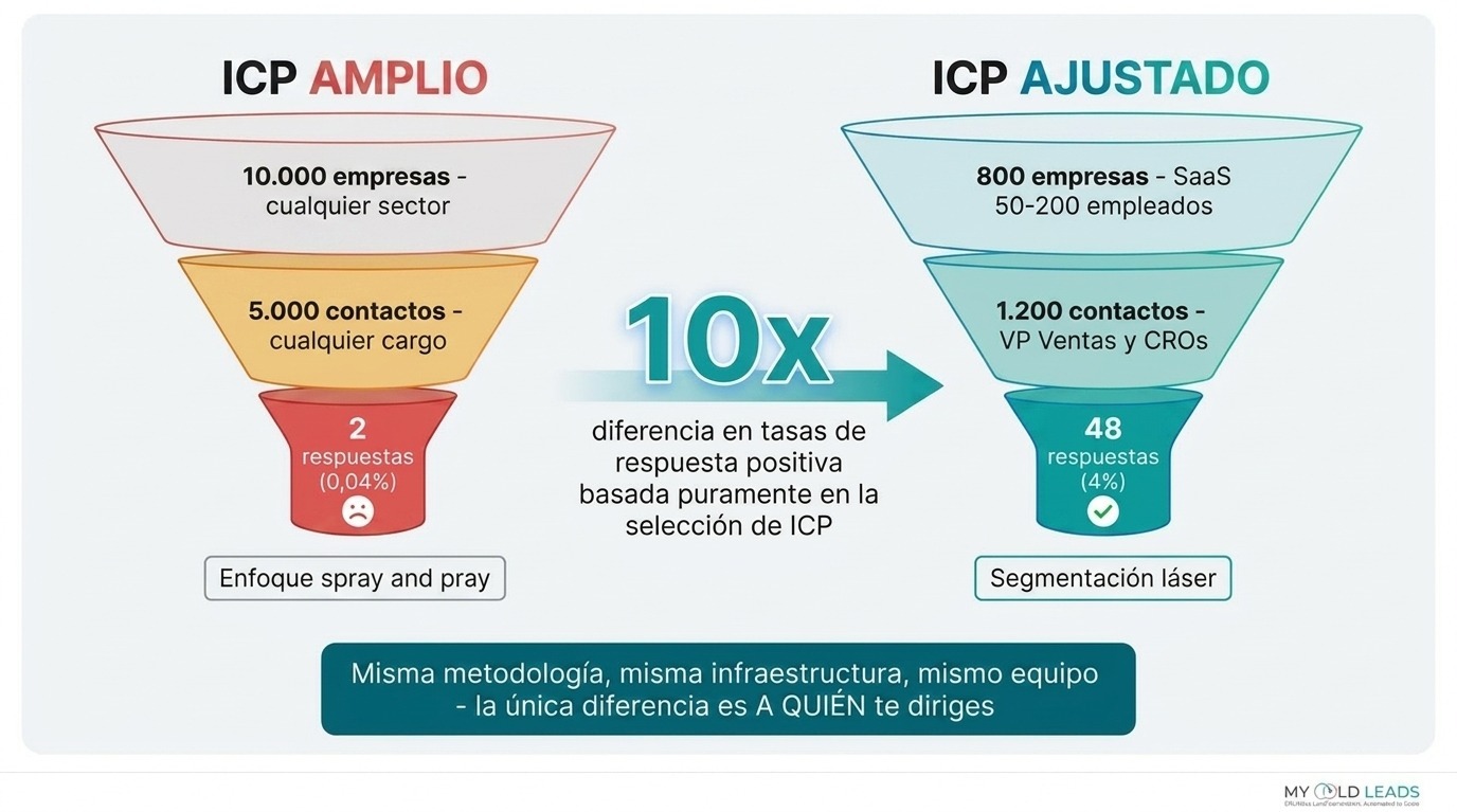 ICP amplio vs ICP ajustado - diferencia de 10-50x en tasas de respuesta según sector y precisión de segmentación
